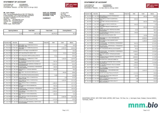India IDFC First wzór wyciągu bankowego, Word and PDF format, 2 strony